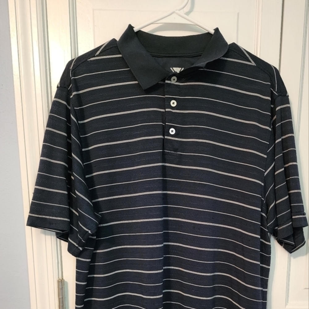 Navy Striped Pique Men's Collared Polo 3 top buttons. Large - Picture 2 of 10